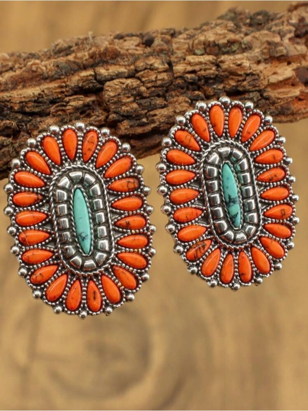 Orange and Turquoise Floral Cluster Stud Earrings